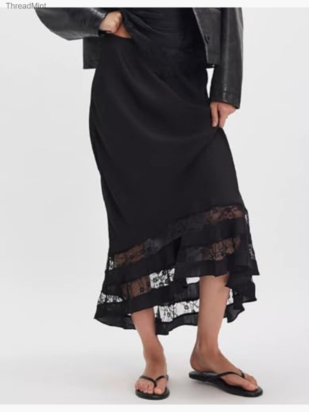 Lace Trim Satin Maxi Skirt A-Line Handkerchief Hem Flowy Silk Half Slip Long - Picture 3 of 4